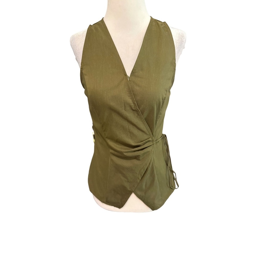 OGL Dark Olive Green Wrap Top Sleeveless V-Neck Linen Blend Blouse XS NEW